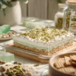Colorful pistachio recipes and Jello dessert displayed on a table.