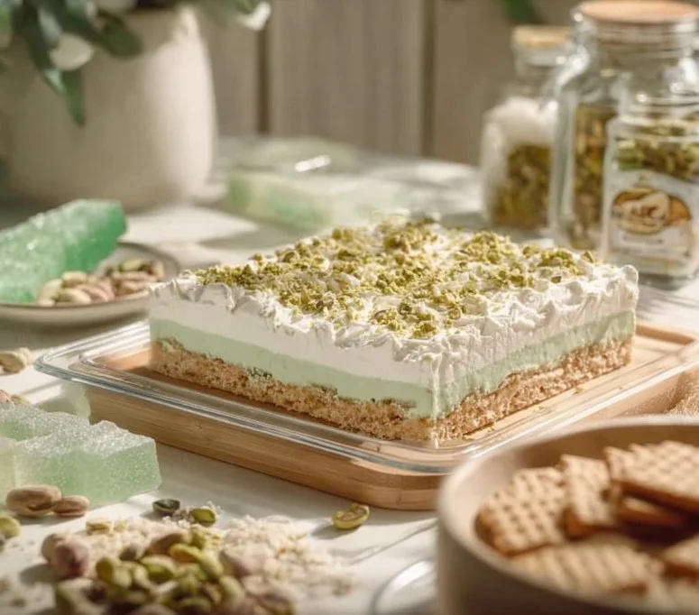 Colorful pistachio recipes and Jello dessert displayed on a table.