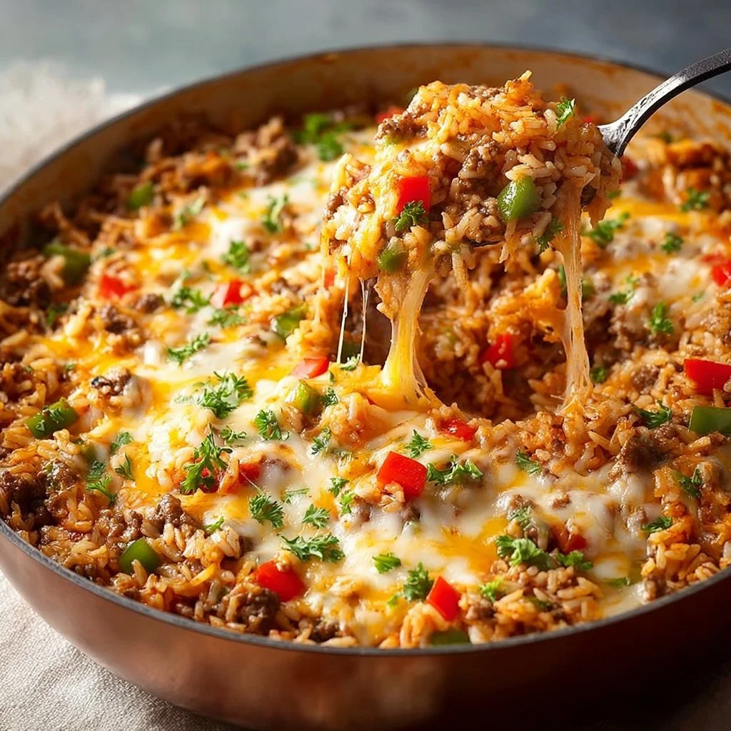 Delicious ground beef and rice skillet cooked in a pan