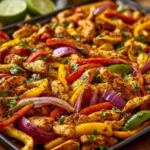 Sheet pan chicken fajitas with bell peppers and onions on a baking tray