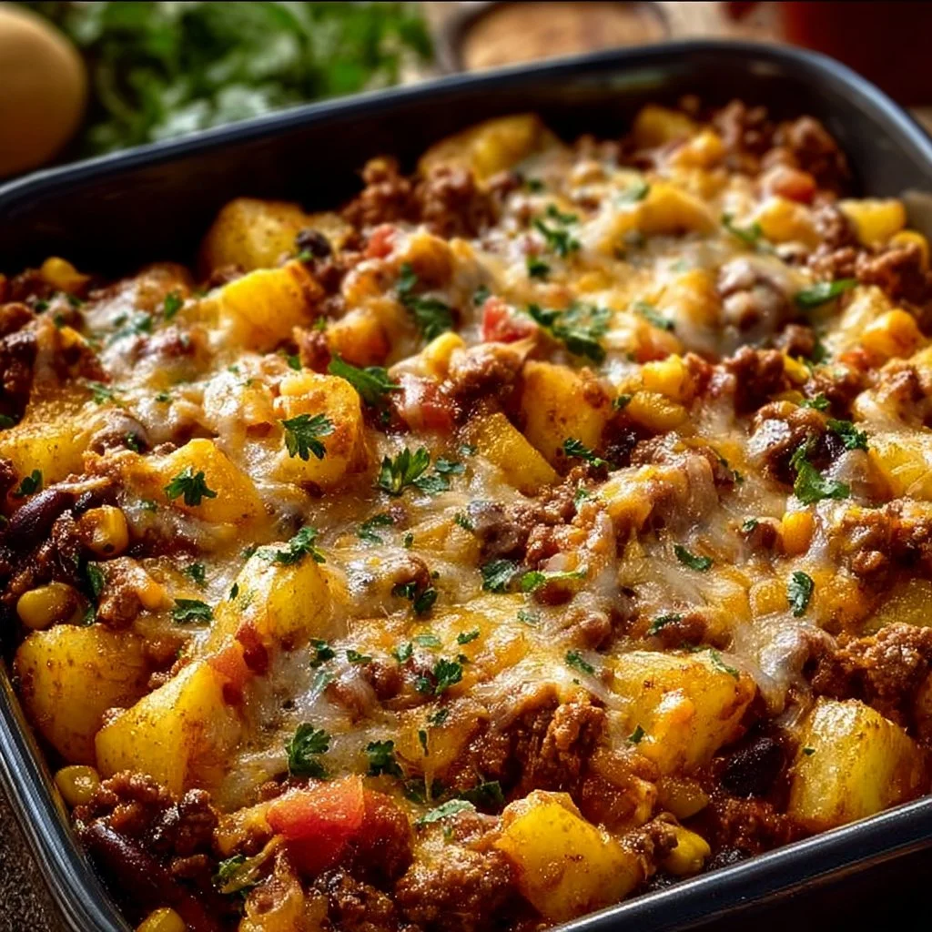 Delicious slow cooker cowboy casserole served in a bowl with toppings.