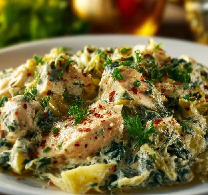 Delicious Spinach and Artichoke Chicken Casserole served in a baking dish