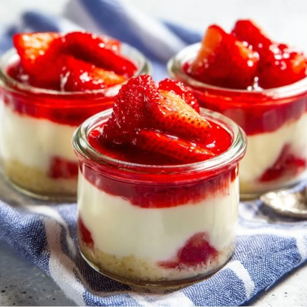 Delicious strawberry cheesecake cups topped with fresh strawberries