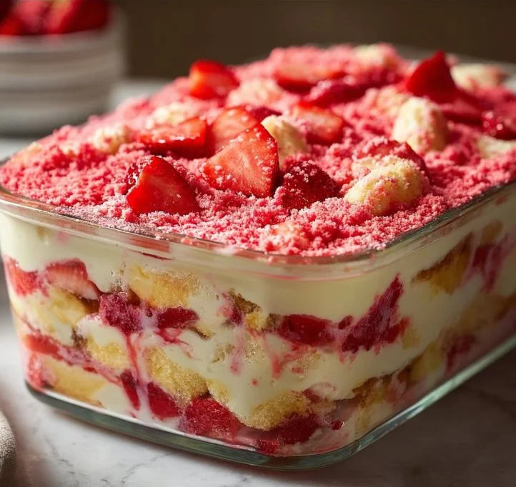 Delicious Strawberry Crunch Banana Pudding in a clear dessert cup