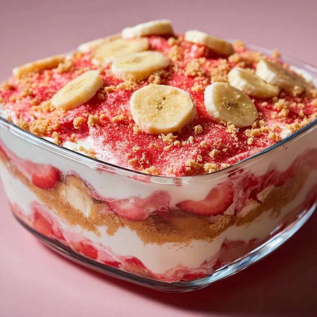 Strawberry Crunch Banana Pudding dessert with layers of banana and strawberries