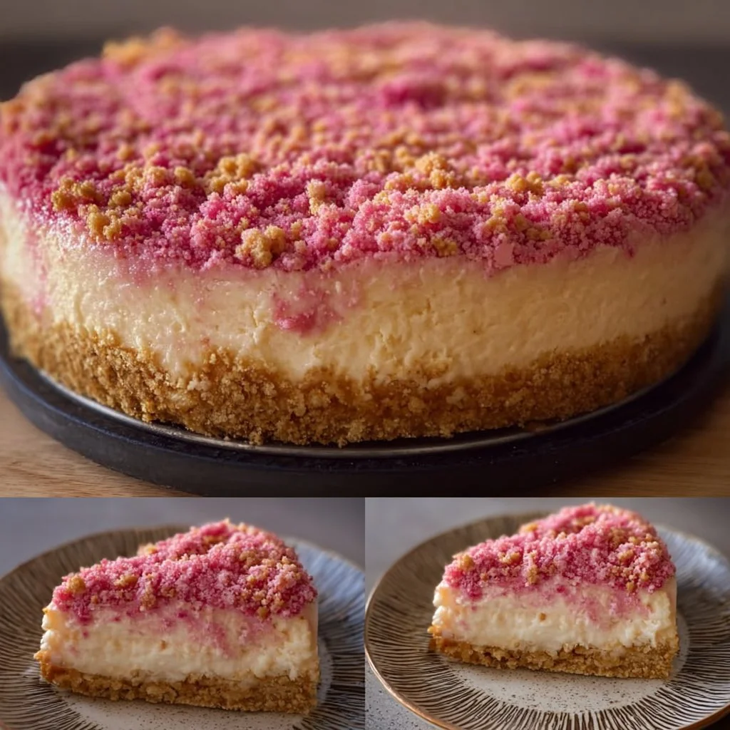 Delicious Strawberry Crunch Cheesecake with a crunchy topping