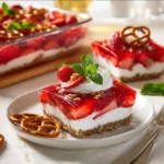 Delicious Strawberry Pretzel Salad with strawberries, cream filling, and pretzel crust.