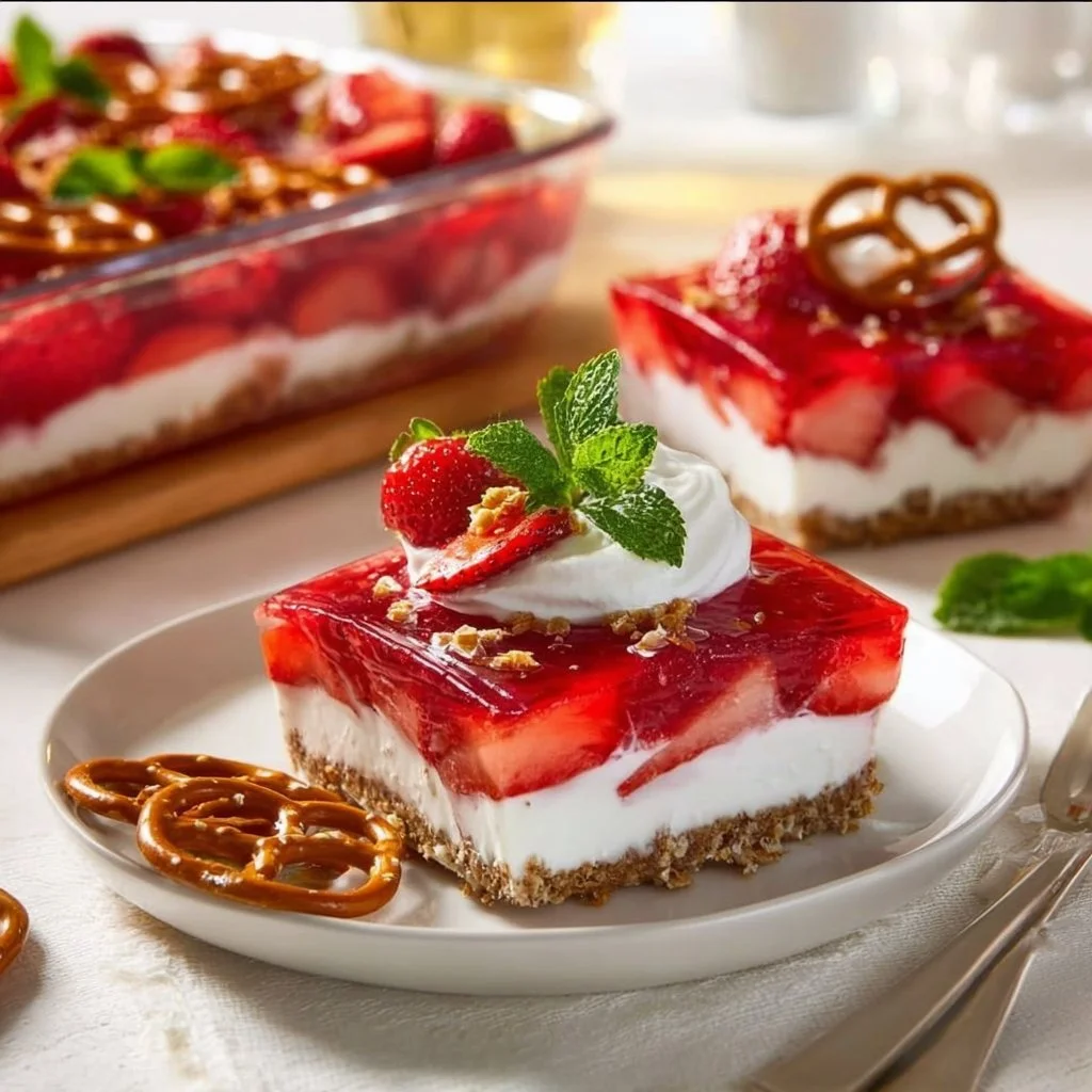 Delicious Strawberry Pretzel Salad with strawberries, cream filling, and pretzel crust.