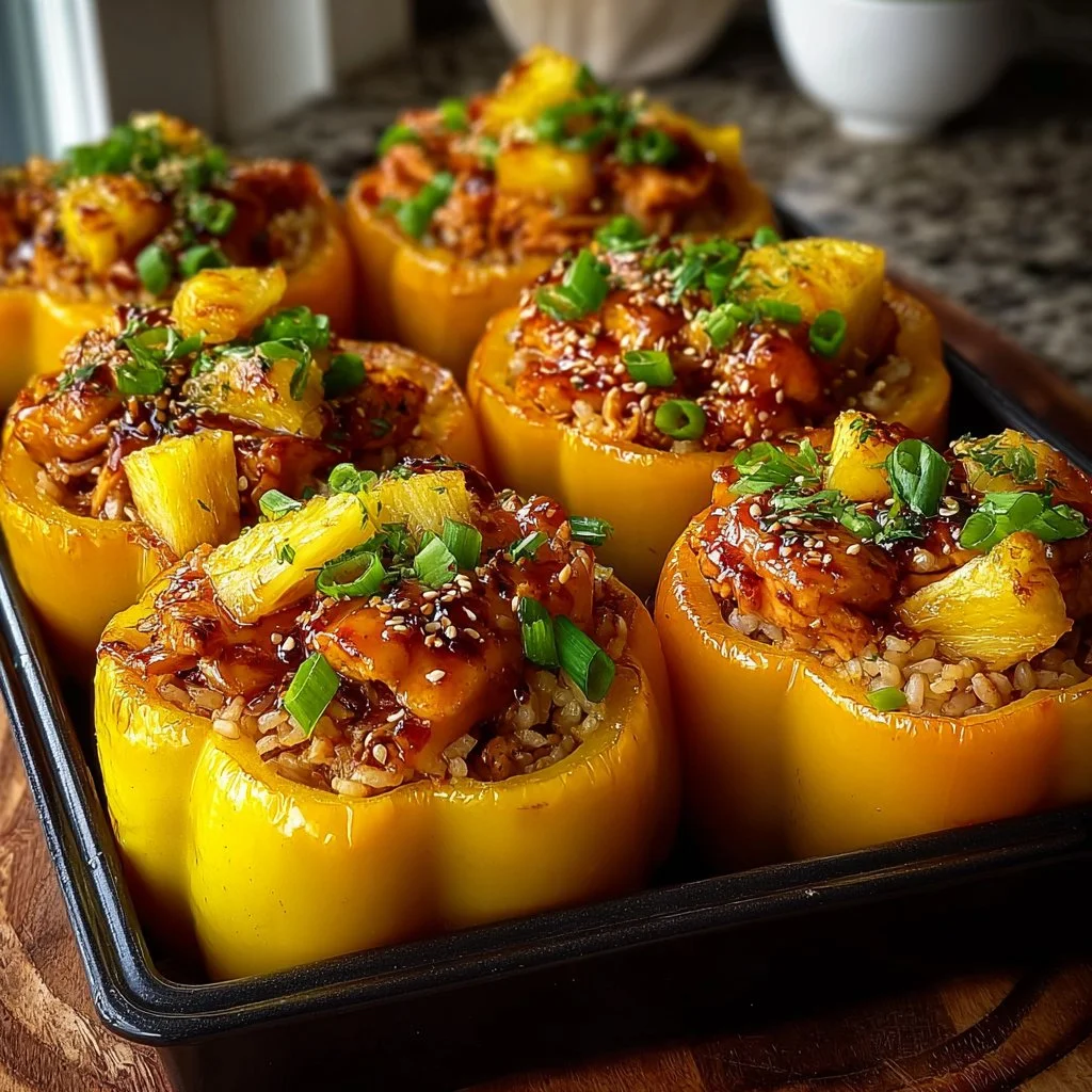 Teriyaki Pineapple Chicken and Rice Stuffed Peppers on a plate