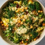 Warm broccoli couscous salad served in a bowl with fresh ingredients.