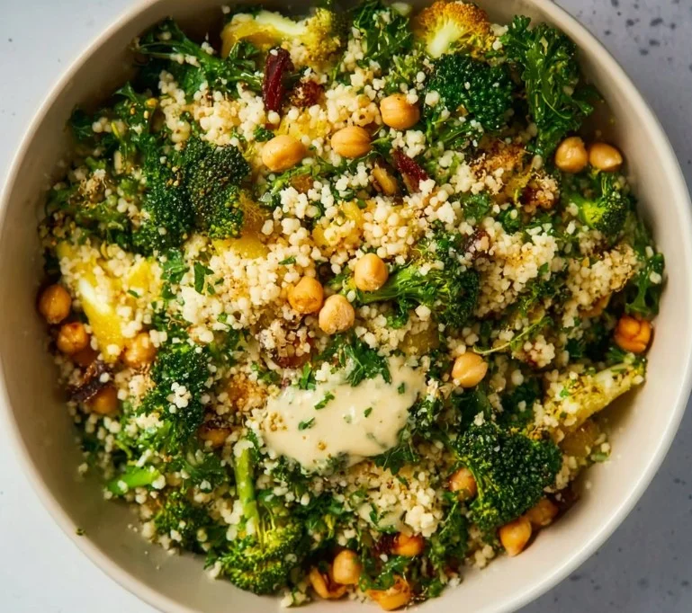 Warm broccoli couscous salad served in a bowl with fresh ingredients.