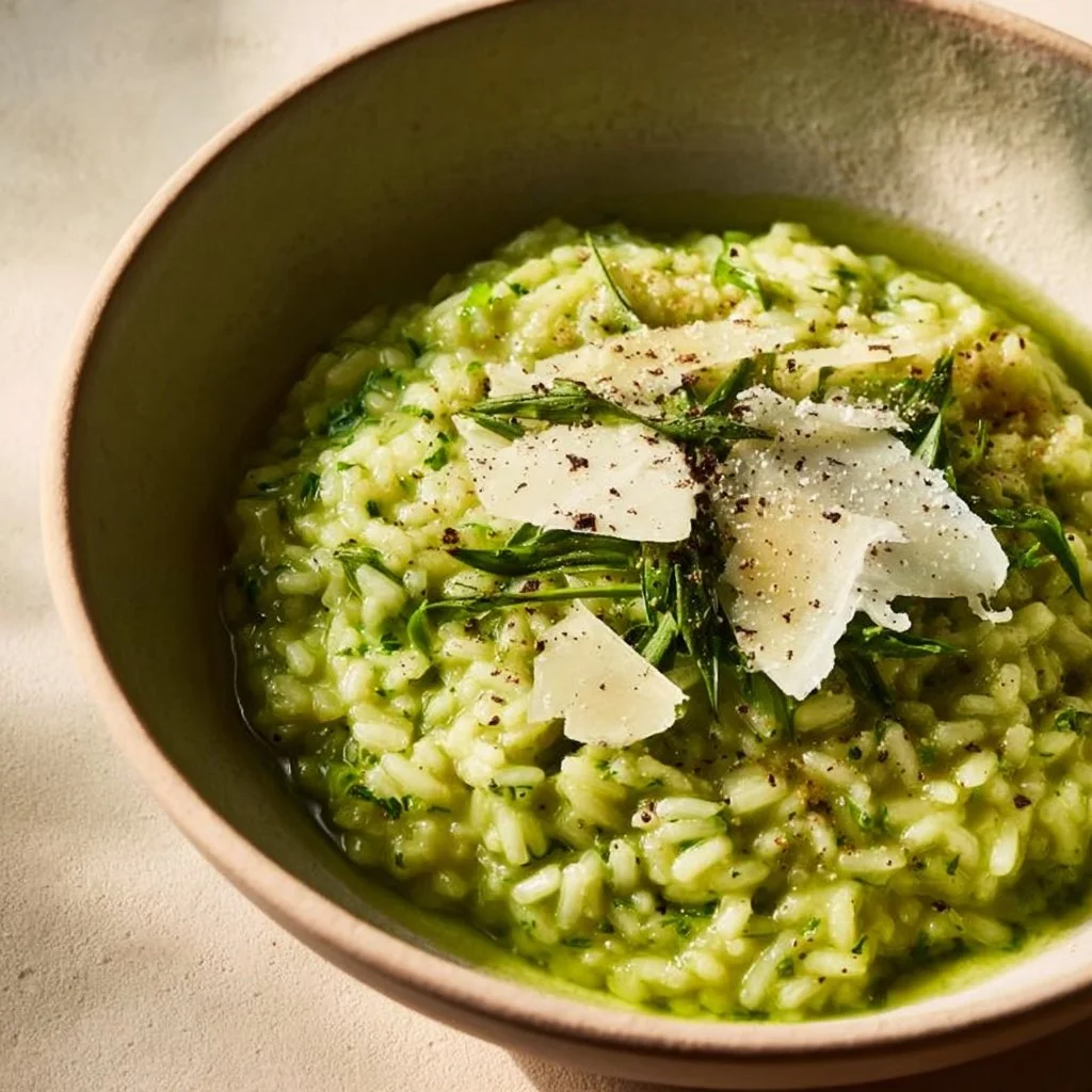 Creamy wild garlic risotto garnished with fresh herbs and parmesan cheese