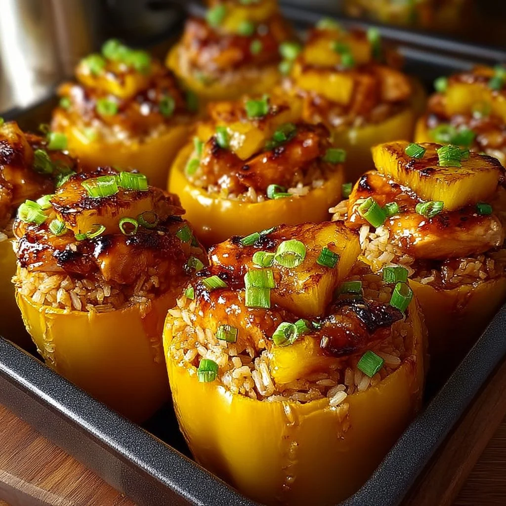 Teriyaki chicken and pineapple rice stuffed peppers plated beautifully