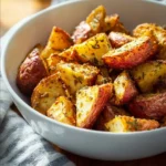 Plate of crispy air fryer garlic parmesan potatoes garnished with herbs
