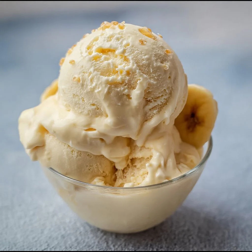 Delicious banana ice cream in a bowl topped with fresh bananas