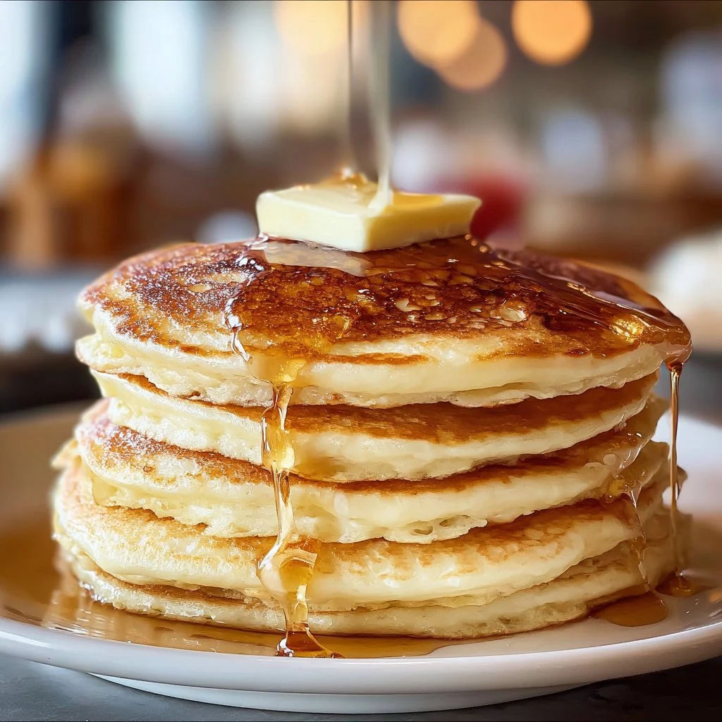 Fluffy buttermilk pancakes stacked on a plate with syrup