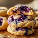Delicious blueberry cheesecake cookies with blueberries and cream cheese topping.