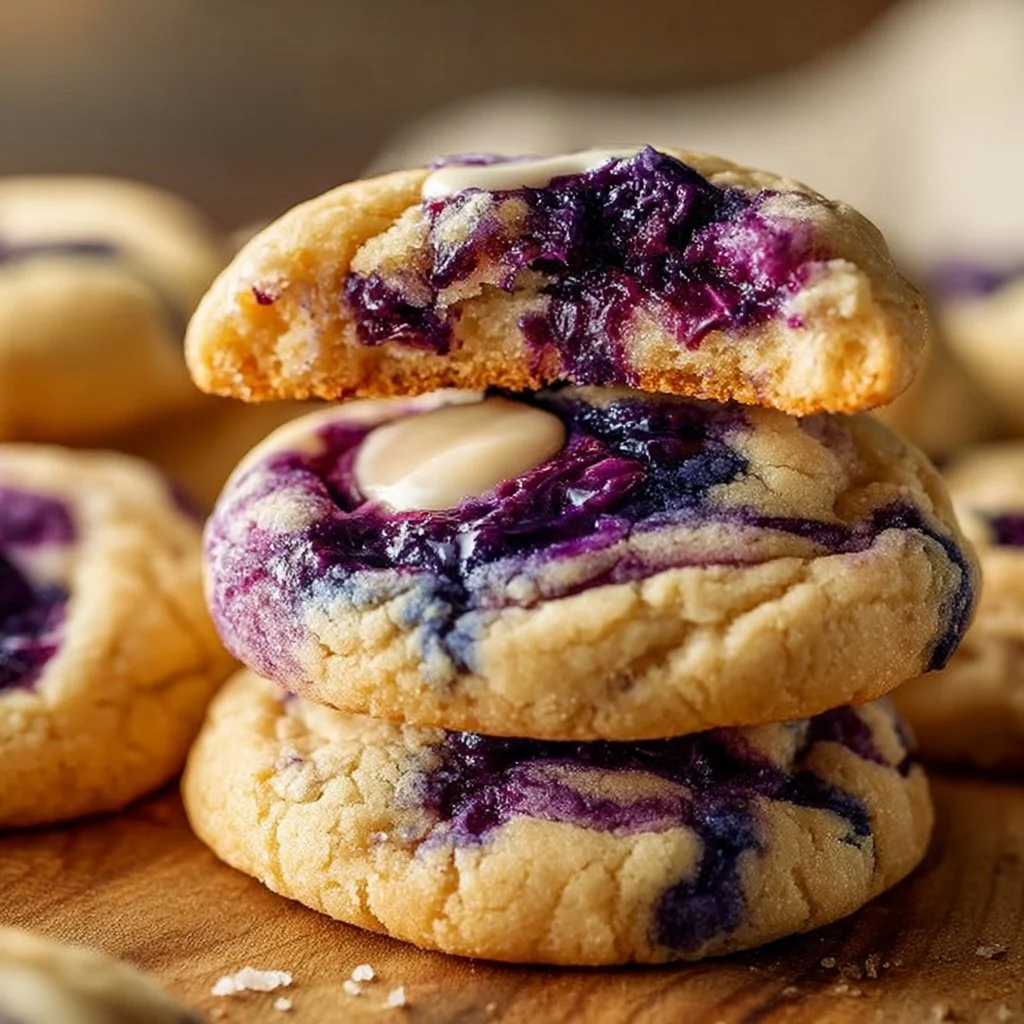 Delicious blueberry cheesecake cookies with blueberries and cream cheese topping.