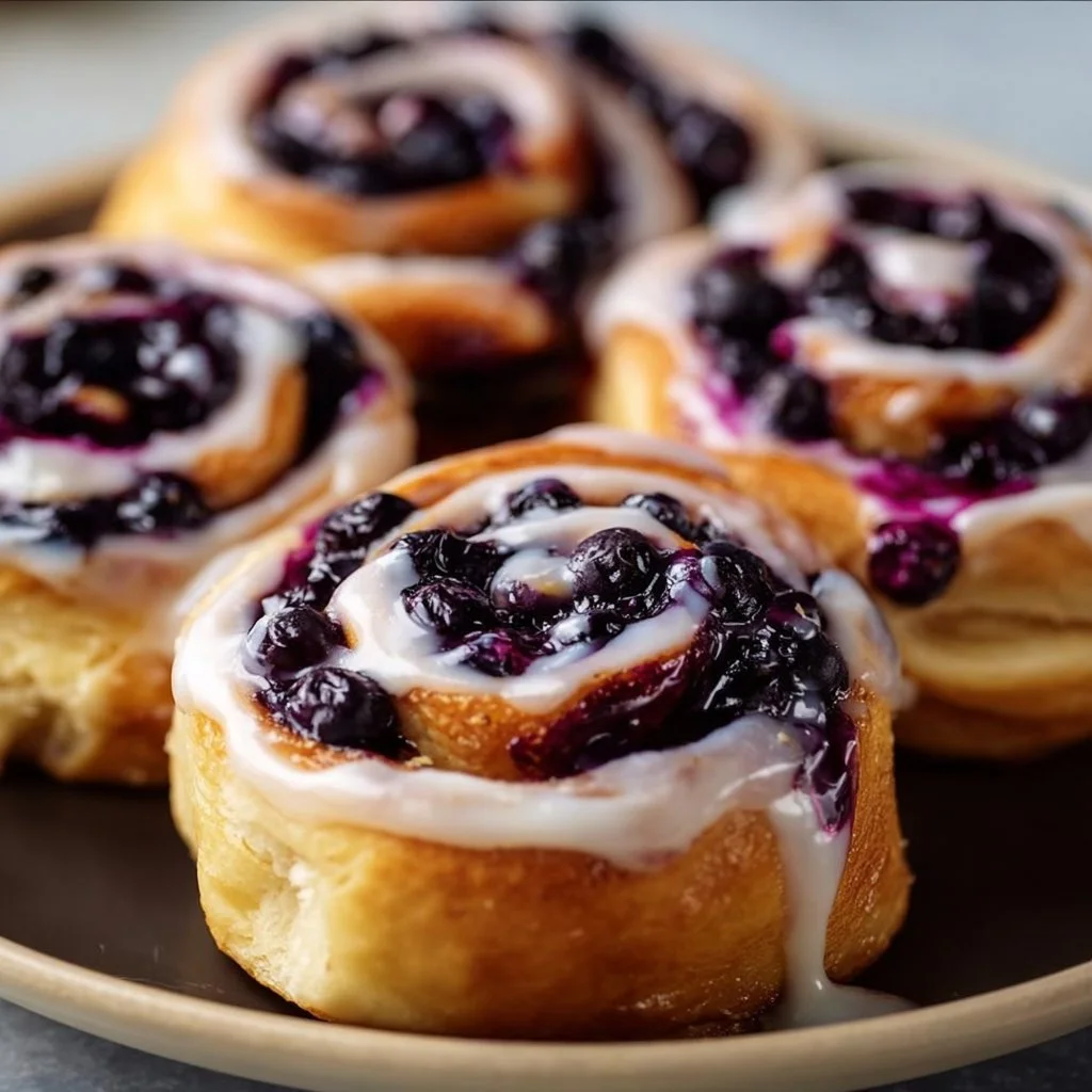 Blueberry cheesecake swirl rolls topped with fresh blueberries