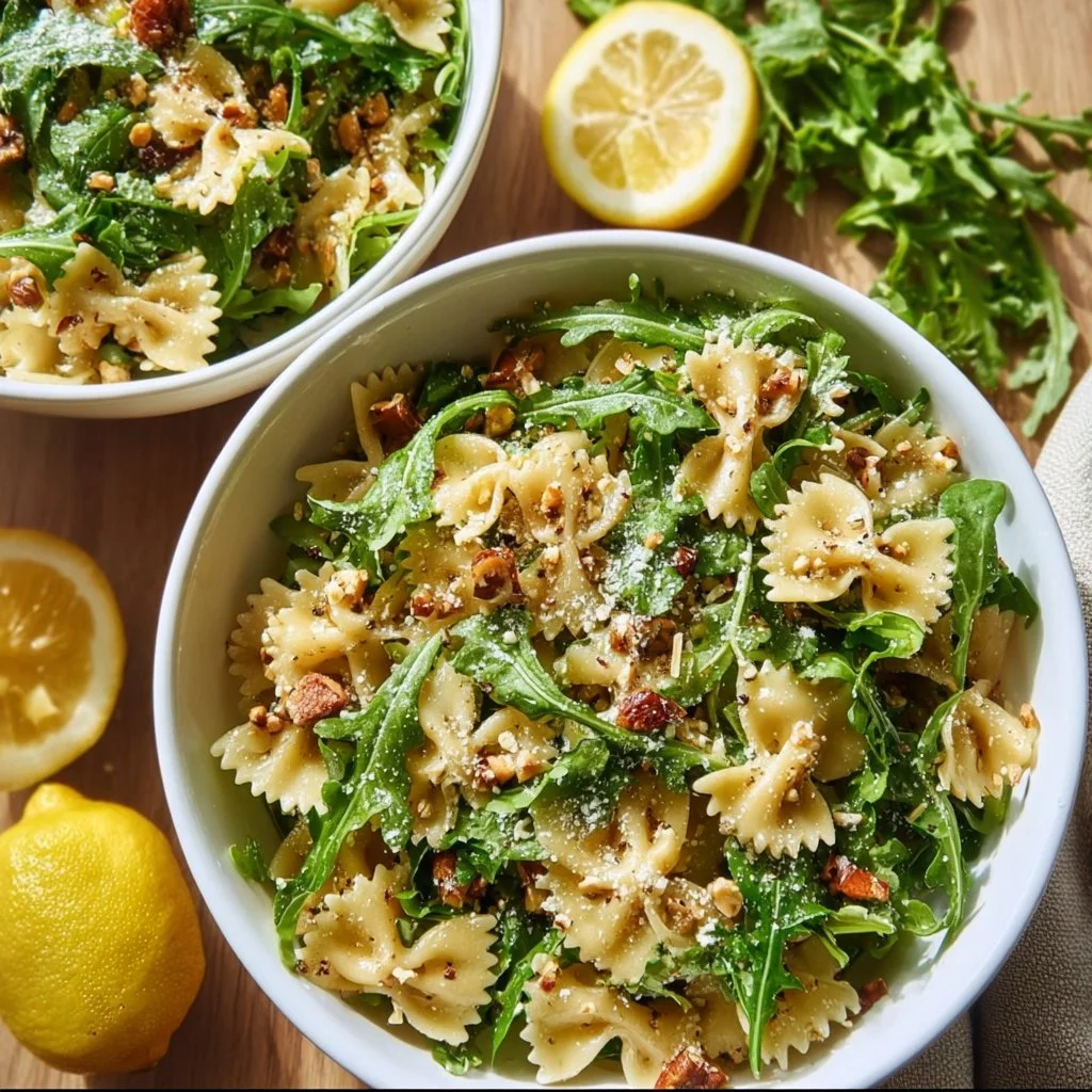 Bright and zesty lemon arugula pasta salad with fresh ingredients