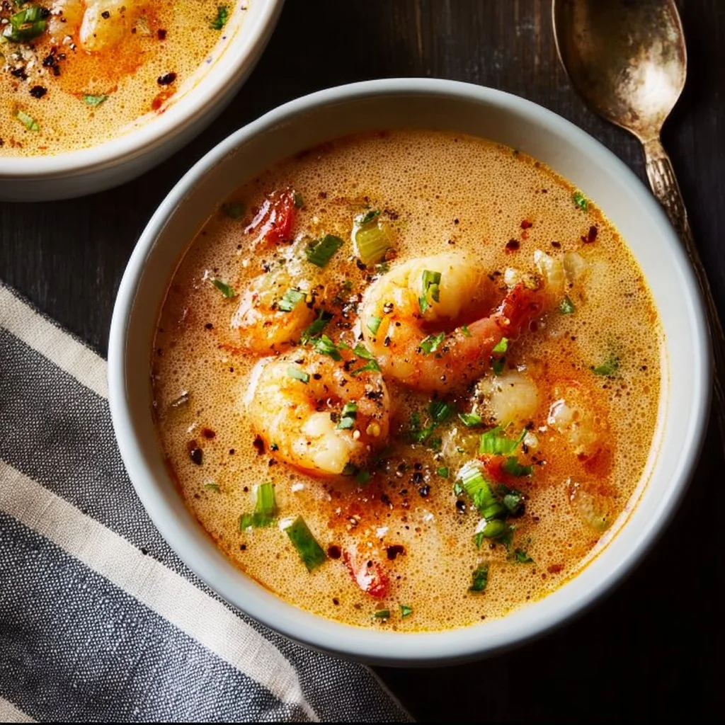 A bowl of spicy Cajun seafood soup with shrimp, crab, and vegetables