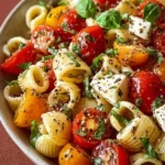 A colorful bowl of Caprese Pasta Salad with fresh tomatoes, mozzarella, and basil