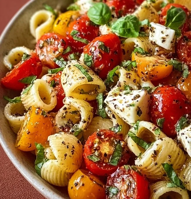 A colorful bowl of Caprese Pasta Salad with fresh tomatoes, mozzarella, and basil