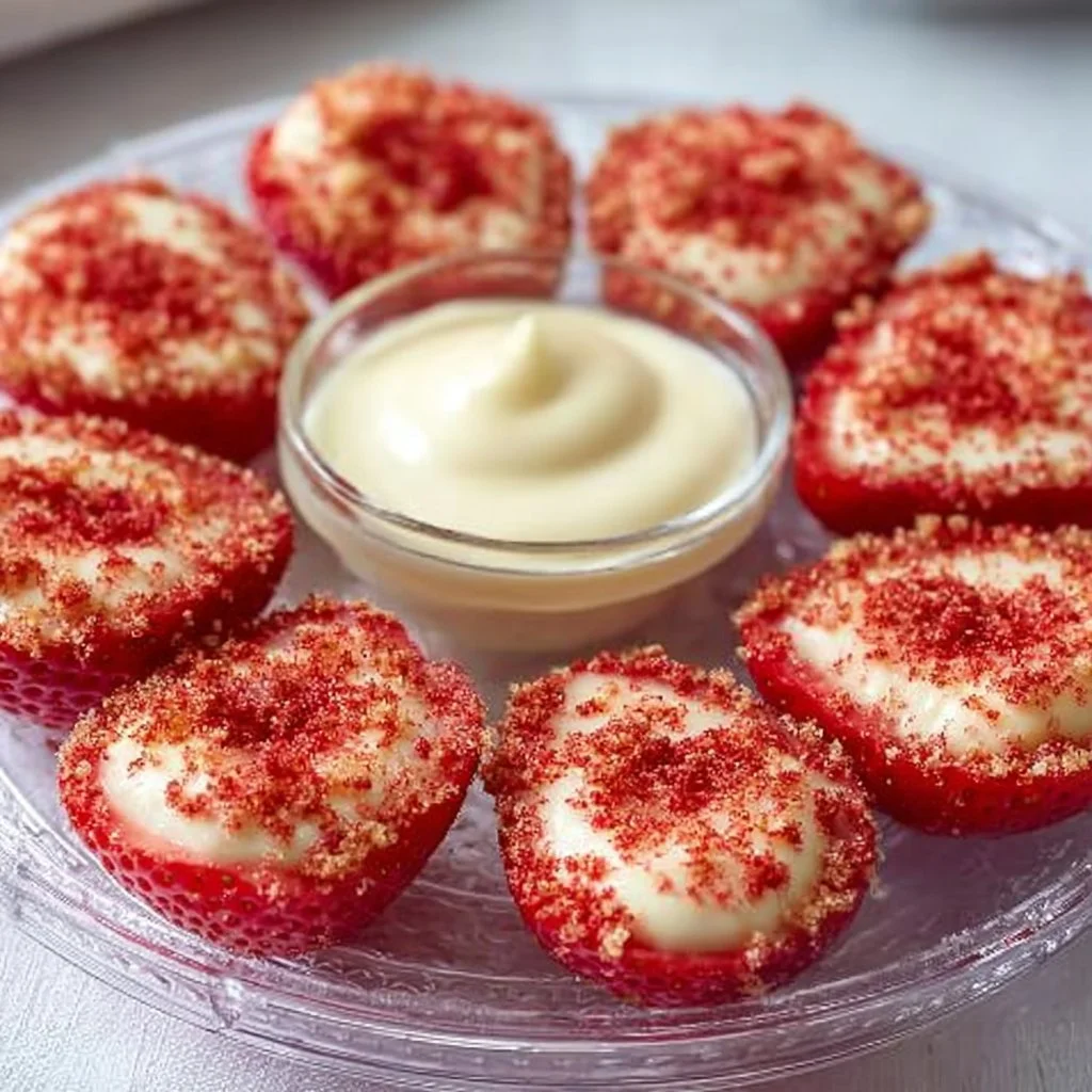 Cheesecake deviled strawberries filled with creamy cheesecake filling on a plate