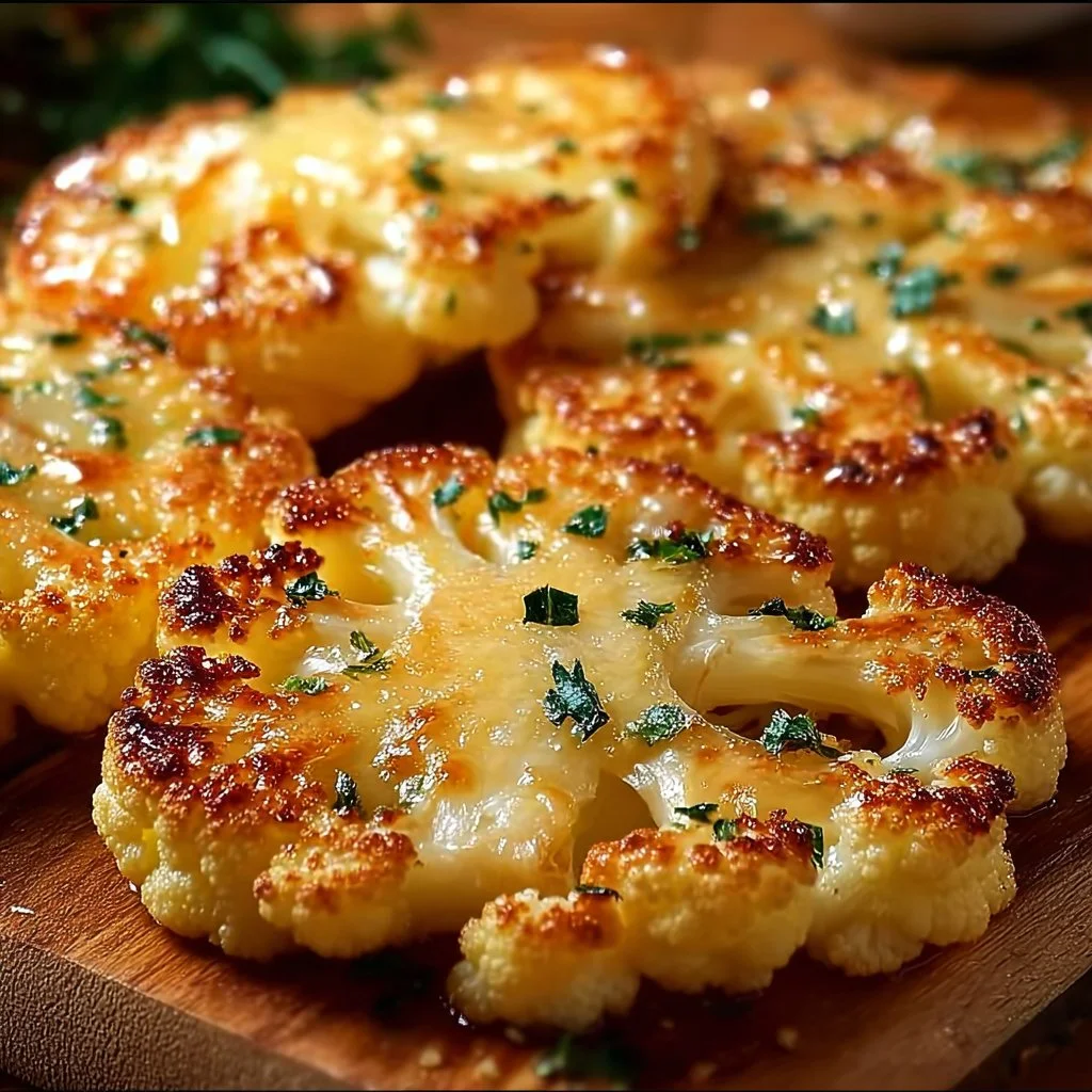 Cheesy cauliflower steaks garnished with herbs and spices