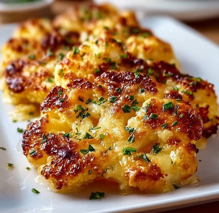 Cheesy cauliflower steaks garnished and ready to serve, a delightful vegetarian dish.