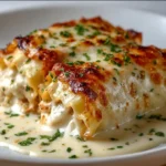 Cheesy Chicken Alfredo Lasagna baked to perfection, topped with melted cheese.