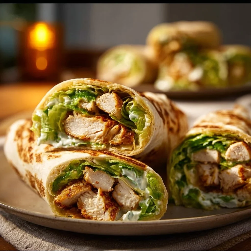 Delicious Chicken Caesar Wrap filled with grilled chicken, romaine, and Caesar dressing