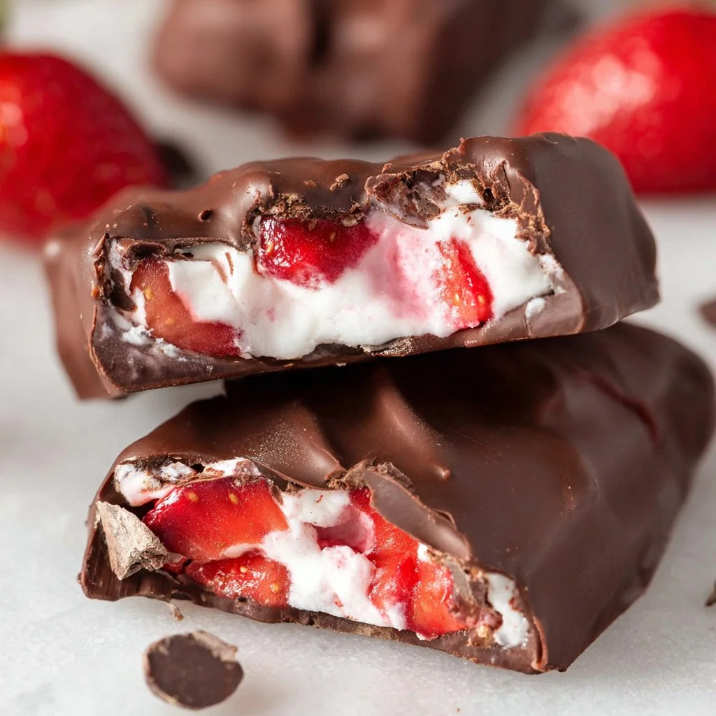 Chocolate strawberry yogurt clusters with chocolate coating and strawberry pieces