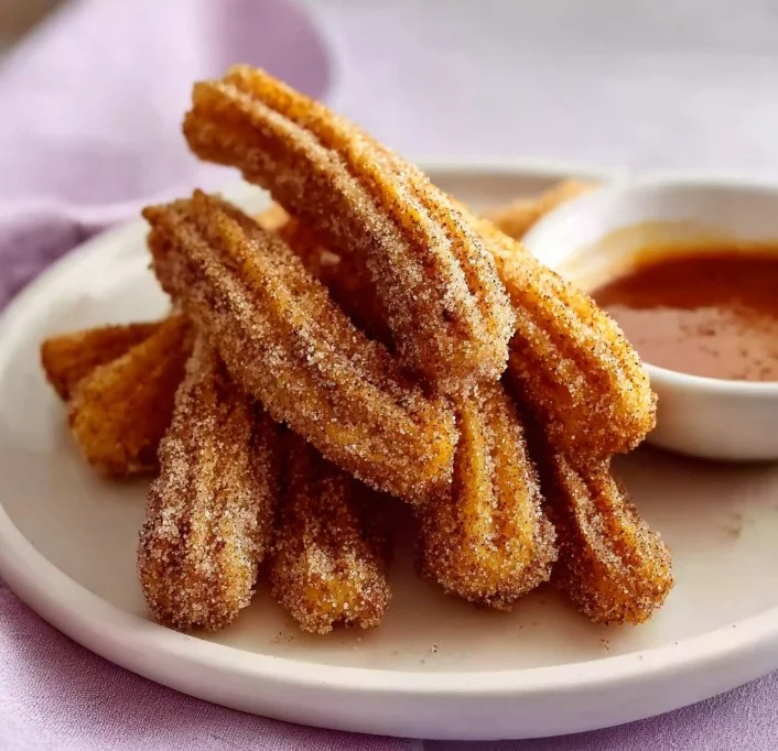 Freshly made churros dusted with sugar and served with chocolate sauce.