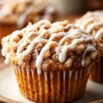 Freshly baked Cinnamon Coffee Cake Muffins on a wooden table.