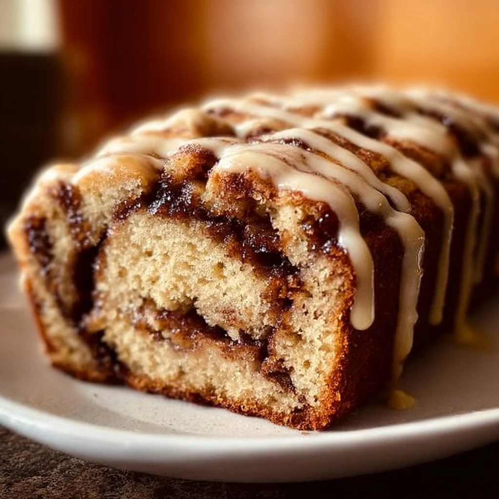 Delicious cinnamon roll banana bread, freshly baked and topped with cinnamon glaze.