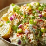 Delicious classic creamy potato salad served at a summer cookout.