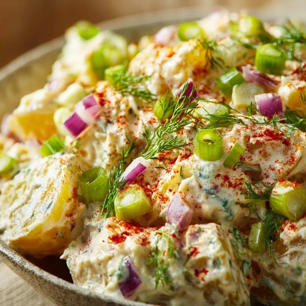 Delicious classic creamy potato salad served at a summer cookout.