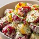 Classic red potato salad with herbs and dressing in a bowl