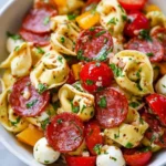 Delicious Cold Tortellini Pasta Salad with fresh vegetables and dressing