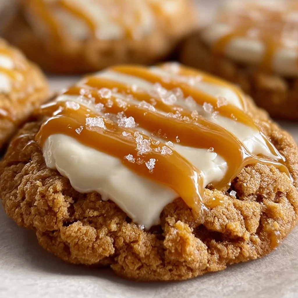 Delicious creamy cheesecake cookies drizzled with caramel topping.