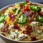 Creamy chicken salad with bacon and jalapeños served in a bowl.