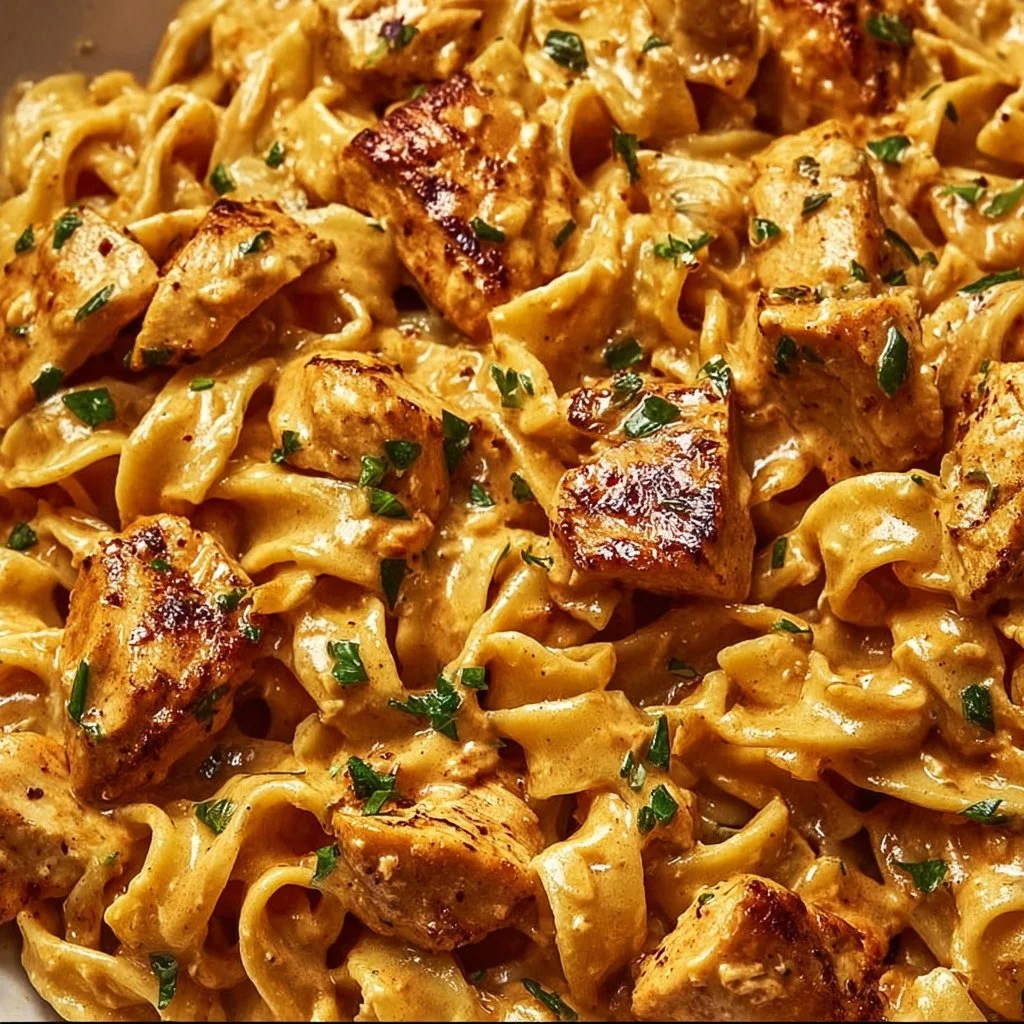 Creamy cowboy butter chicken pasta served in a bowl with fresh herbs