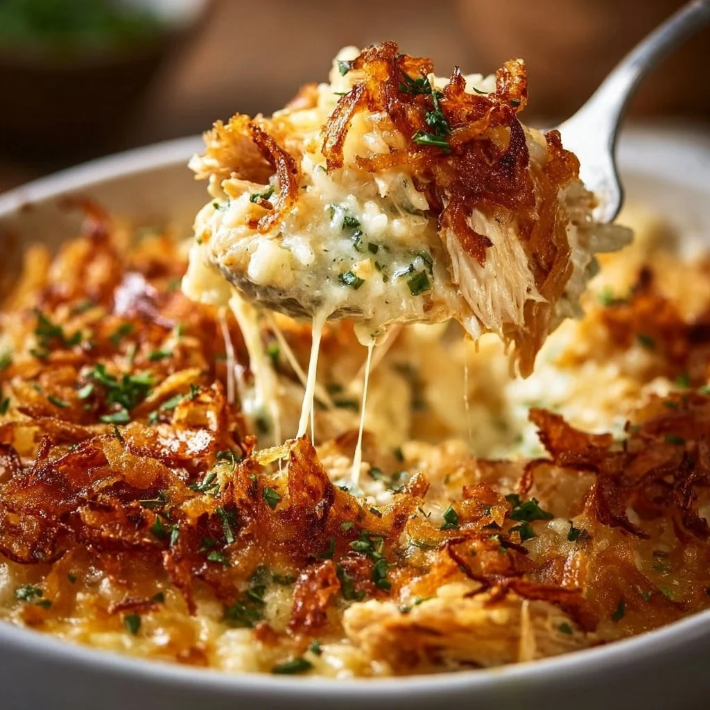 Creamy French onion chicken served over rice in a rustic dish
