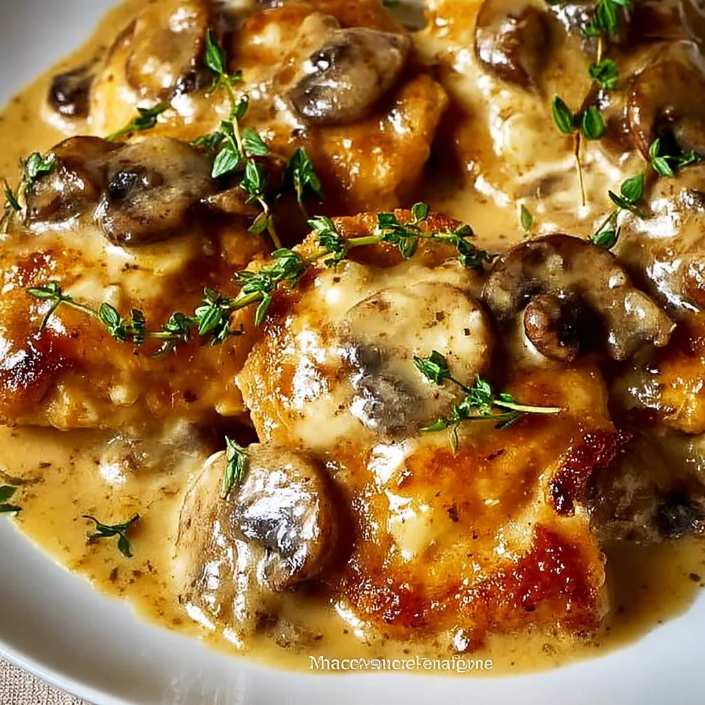 Creamy mushroom asiago chicken served on a plate with herbs and vegetables.