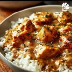 Delicious creamy smothered chicken served over rice