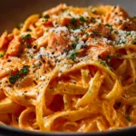Bowl of creamy tomato pasta garnished with fresh basil and Parmesan cheese.