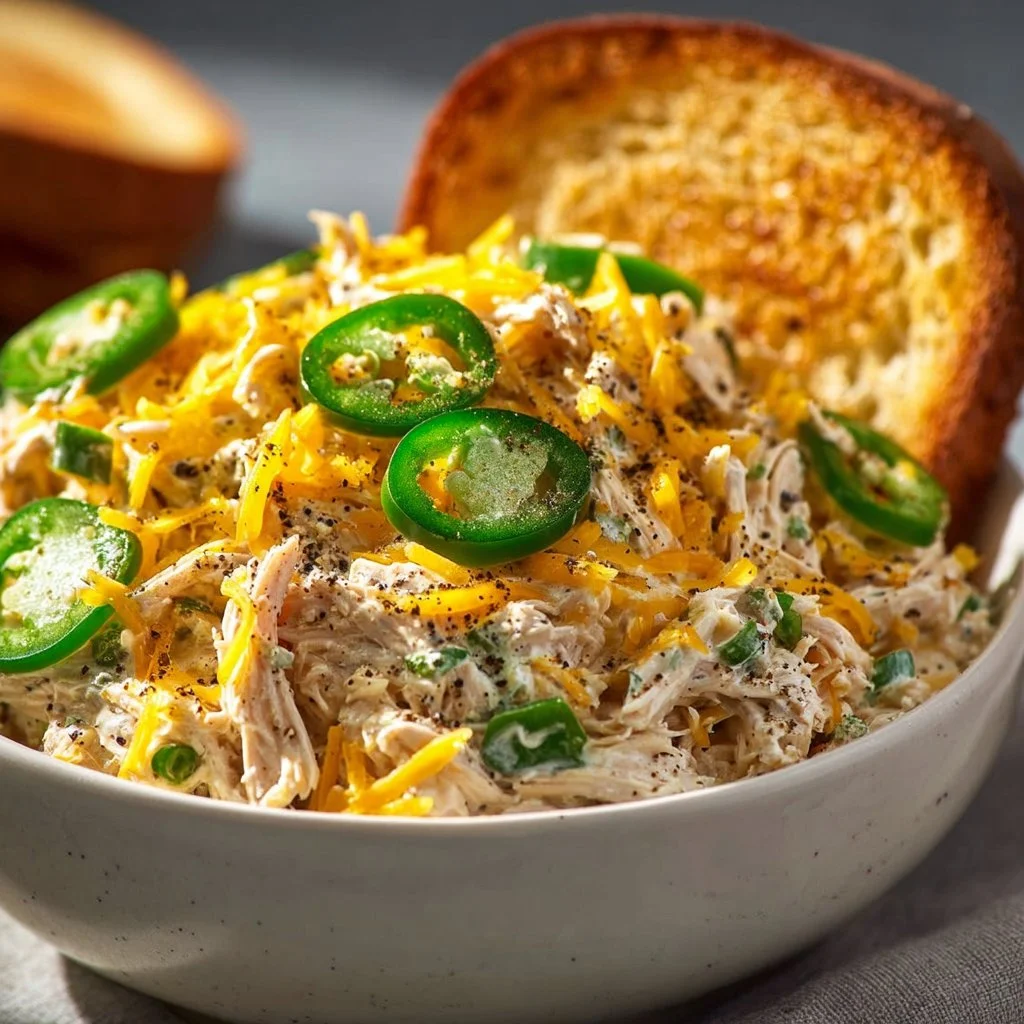 Delicious creamy zesty chicken salad served in a bowl