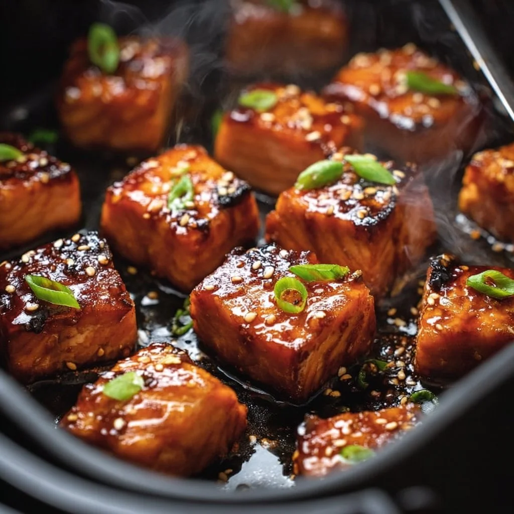 Crispy air fryer salmon bites garnished with herbs on a plate