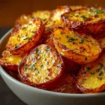 Crispy sliced potatoes cooked in the oven, golden brown and crunchy.